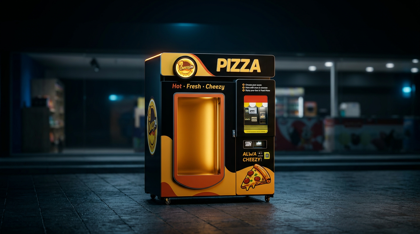 Cheezy24 pizza vending machine on Larnaca, next to Plus Easy Shop